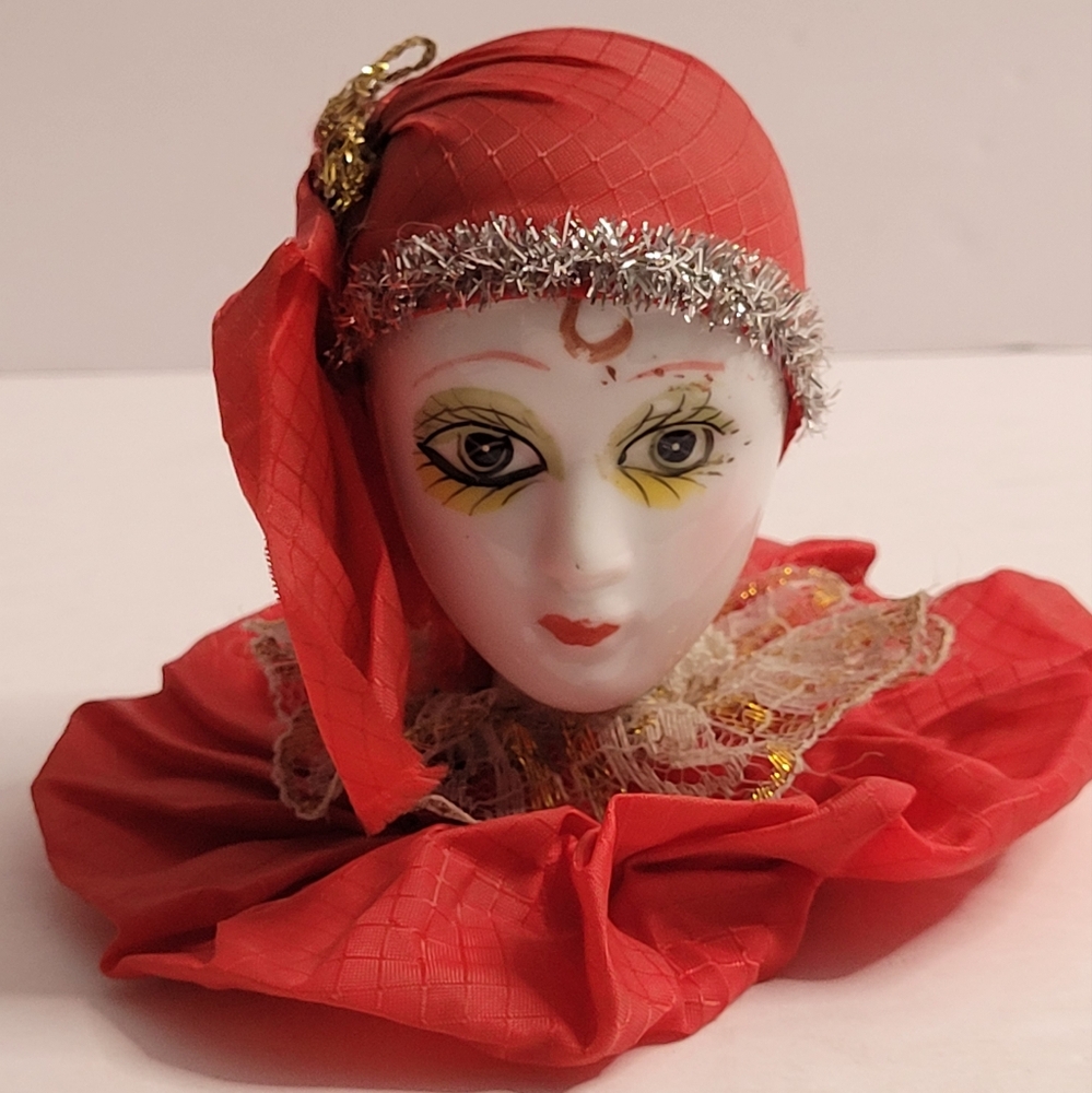 Hand-Painted Porcelain Harlequin Mask with Ribbon Accents. 335